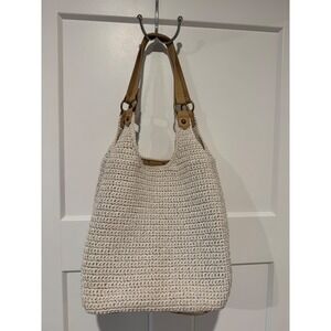 The Sak Crochet Shoulder Bag Beige Leather Trim Hobo Boho Style